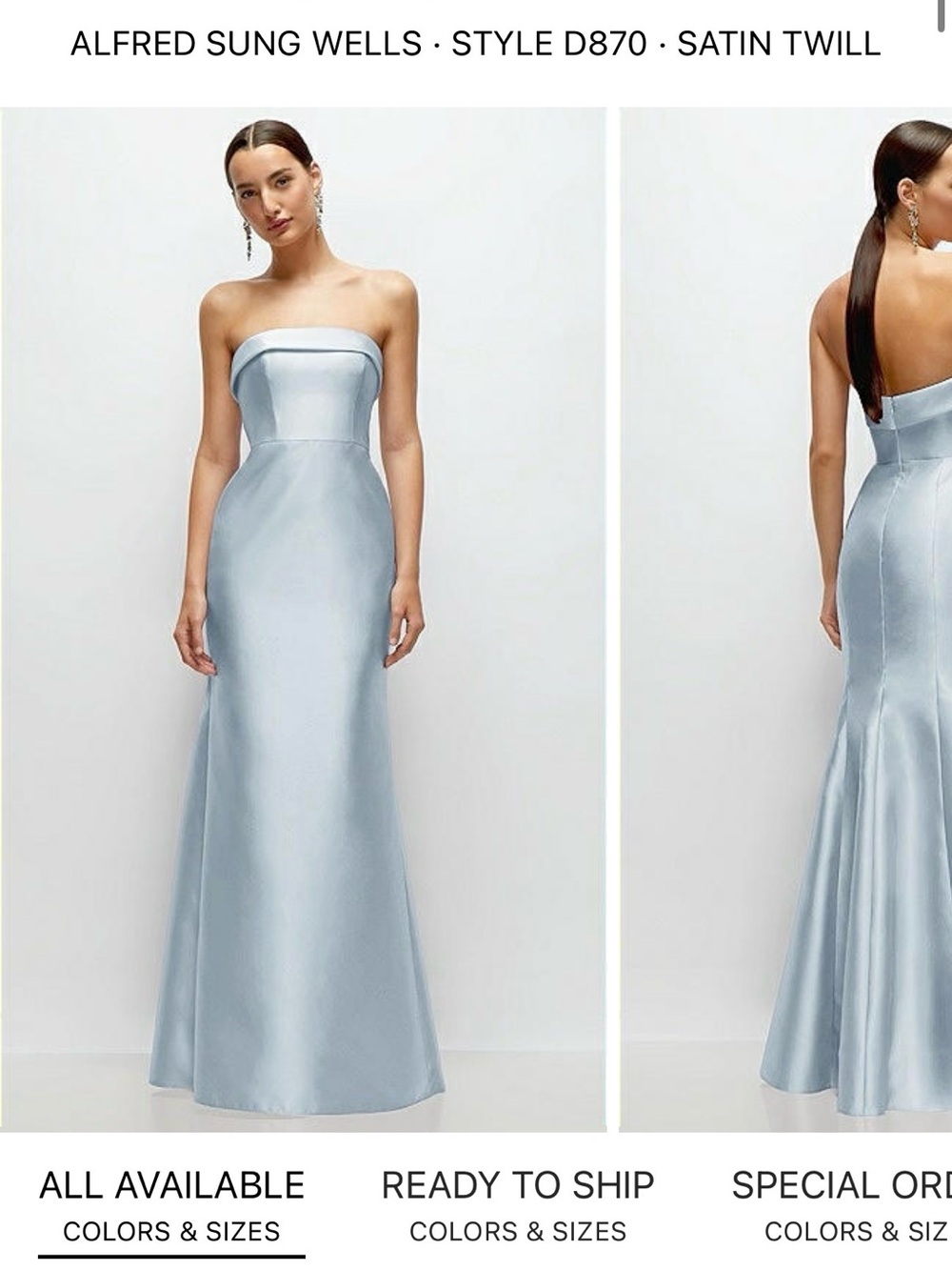 ALFRED SUNG Strapless Satin Gown in Light Blue